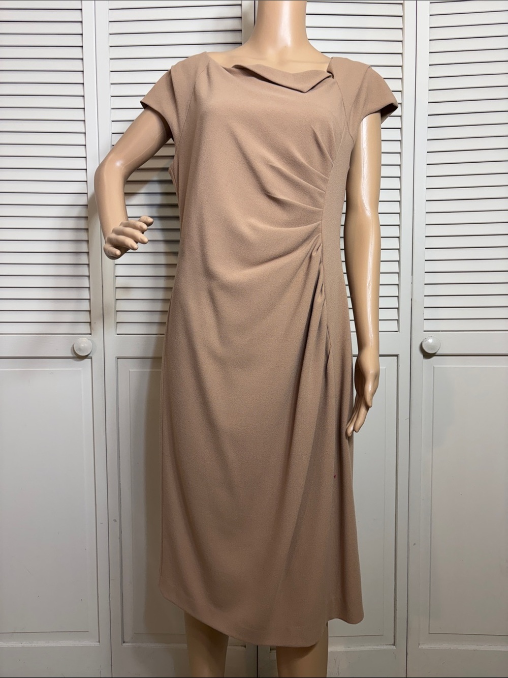 LK Bennett Taupe Draped Cap-Sleeve Midi Dress